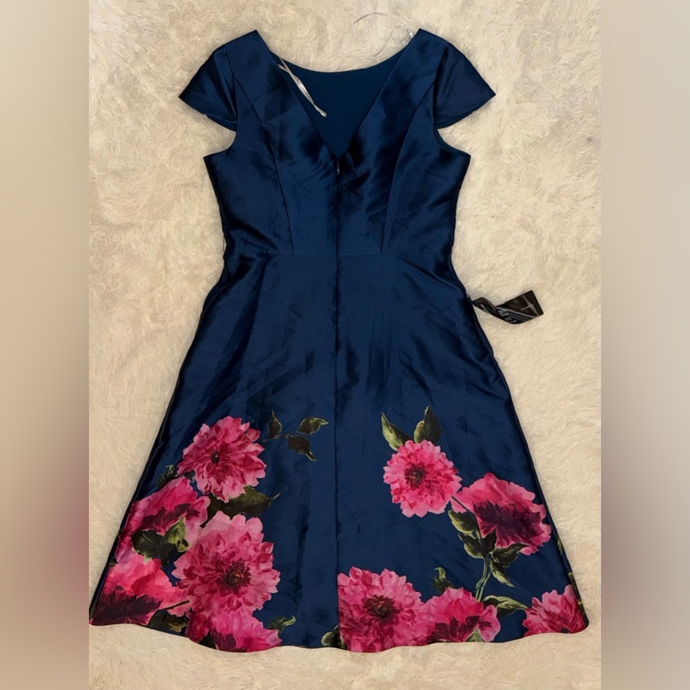 Kay Unger Ina Peony Mikado Cocktail Dress Navy Floral Midi - Picture 6 of 9